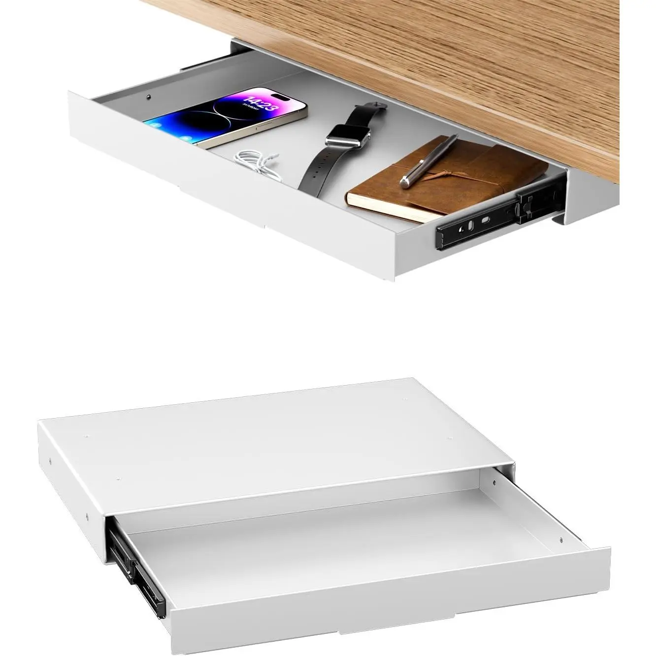 Under Desk Storage Drawer 14.8" Wide - Smooth Slide Out Organizer for Standing Desk &  Office, Max Load 17.6 lbs, Quiet Glide, White