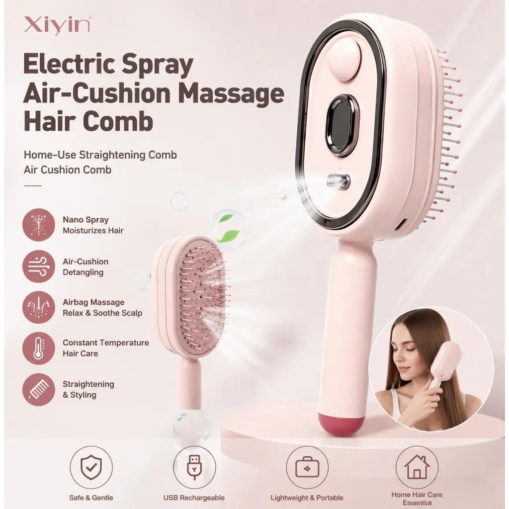 Xiyin Electric Spray Air‑Cushion Comb, Scalp Massager, Home Hair Straightening Styling Brush, Household Hair‑Care Accessory
