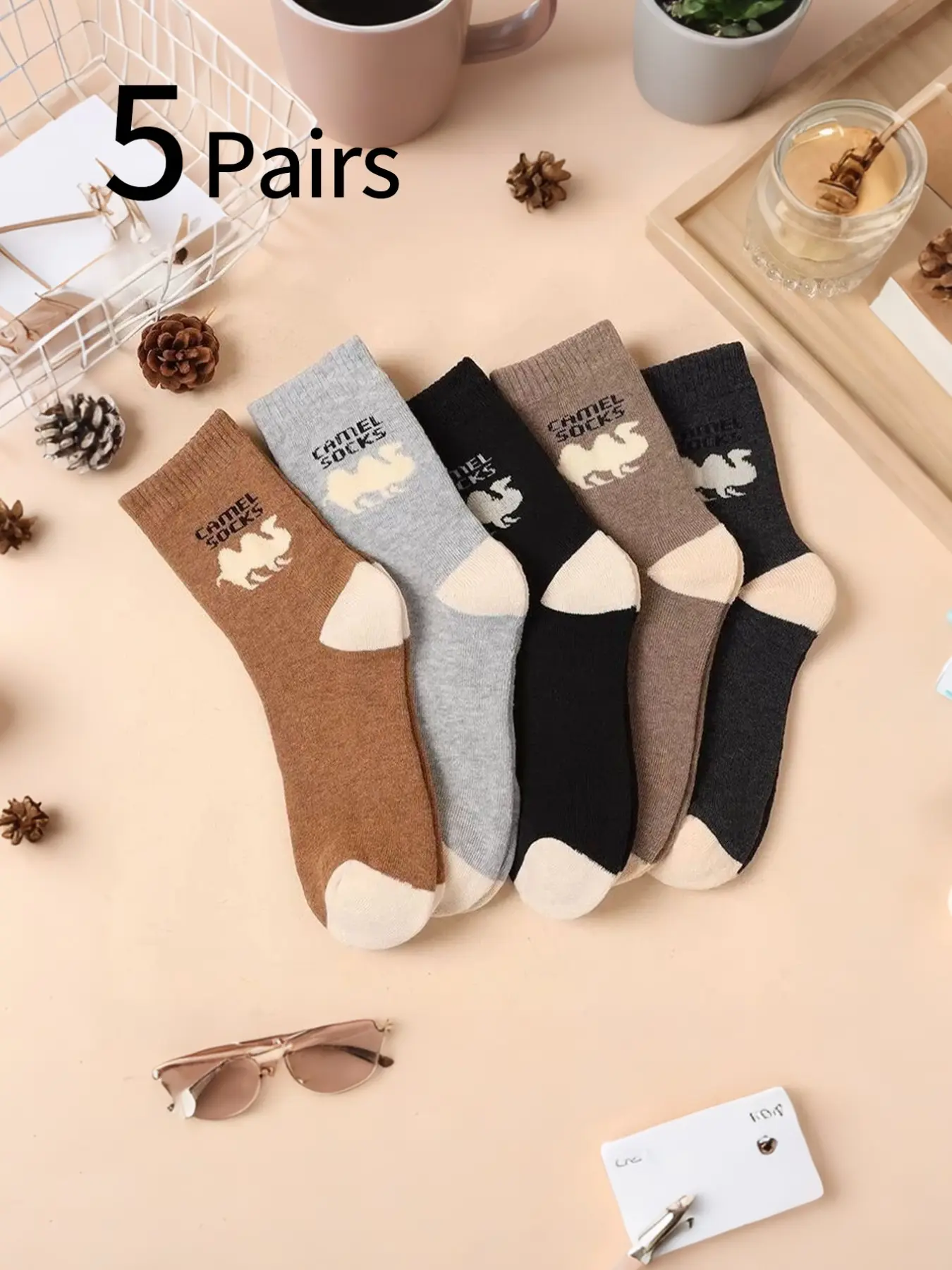 5 Pairs Camel Color Fleece Lined Socks, Unisex Warm Crew Socks, Knitted Socks, Cartoon Pattern, All Seasons, Home & Daily Wear, Anti-Cold