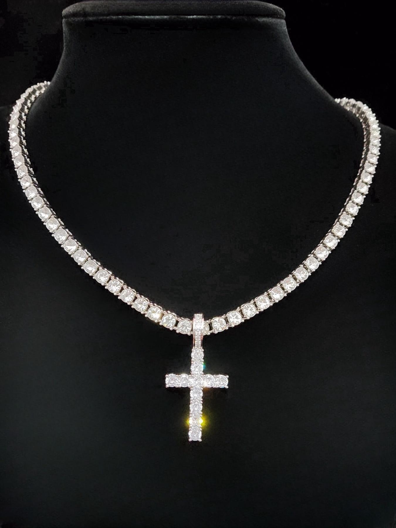 Artificial Zircon Cross Pendant 5mm Tennis Chain Necklace, Cuban Cross Necklace, Punk Style Necklace for Party, Daily Clothing Decor, Trendy All-match & Exquisite Jewelry for Birthday Gift