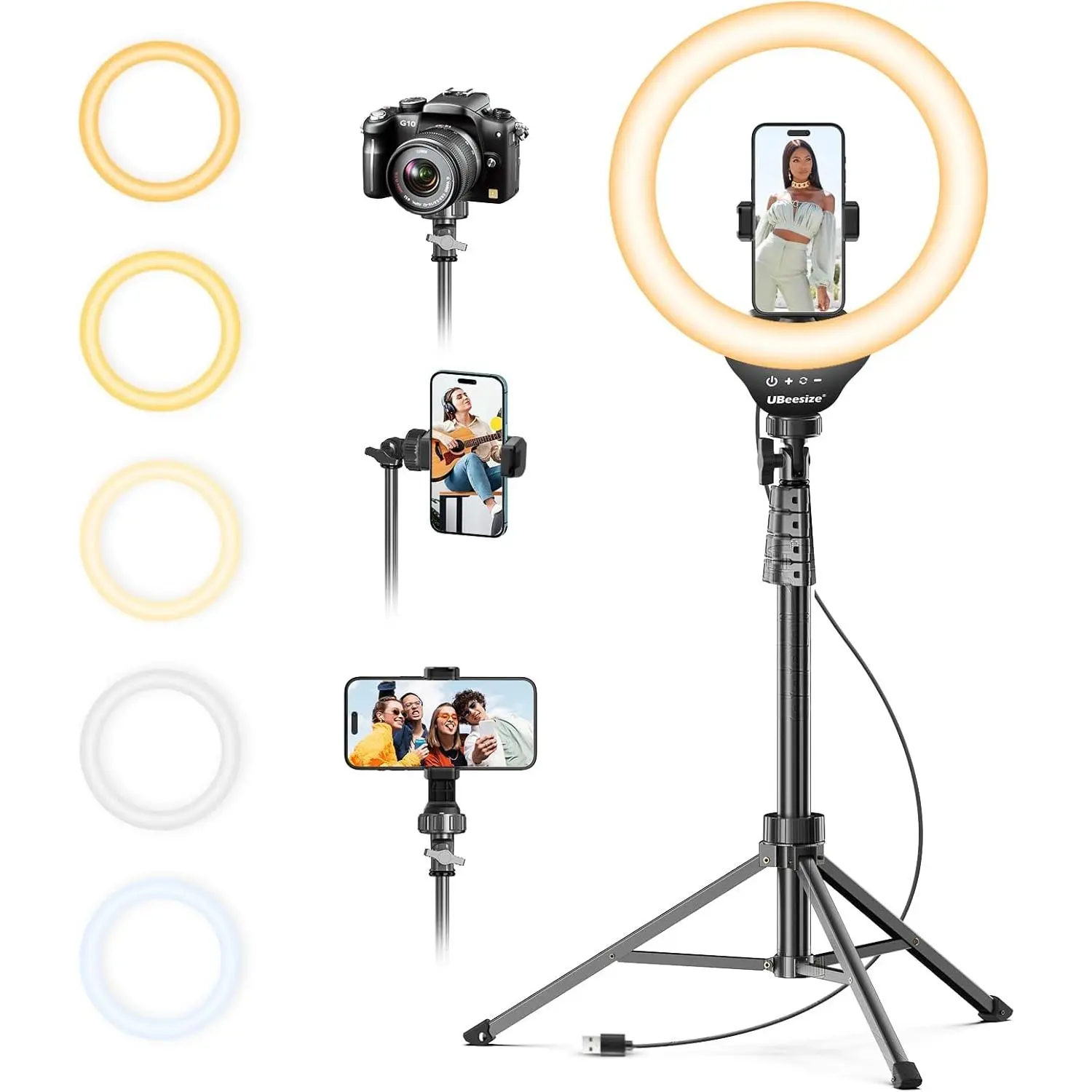 12-in LED Ring Light with 62-in Tripod Stand, Handheld Bluetooth Remote-Controlled Selfie Ring Light for Video Recording, Live Streaming, Compatible with Smartphone, iPhone, Cellphone, Android (Black), Adjustable, Extendable