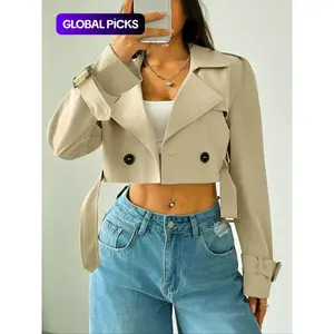 Women's Plain Fitted Crop Trench Coat - Solid, Double-Button, Belted Lapel Neckline, Long-Sleeve, Casual Womenswear Outerwear for Spring & Fall, Daily Wear Tops Lady Blazer Jacket