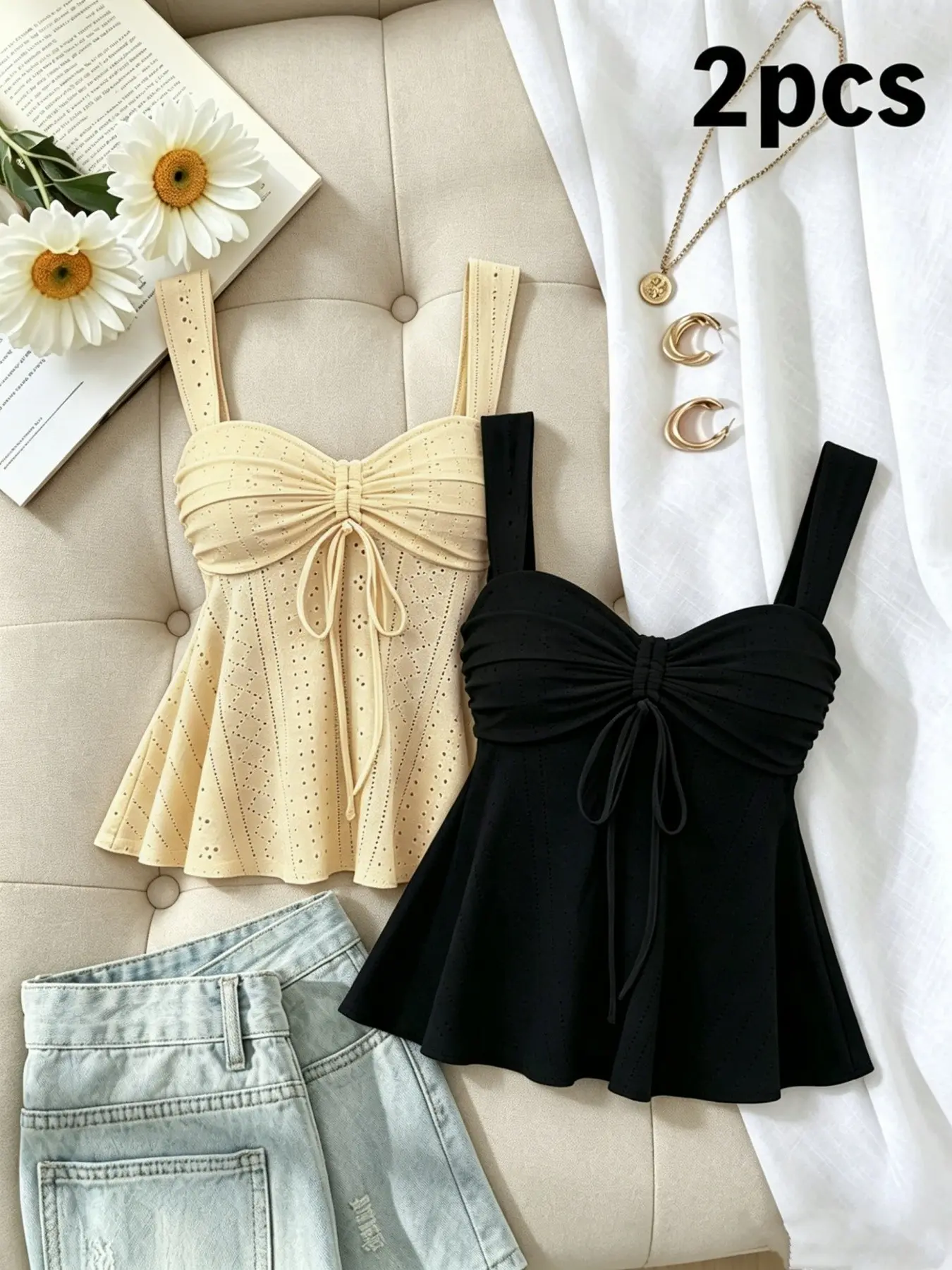 2-Pack Hollow Out Drawstring Halter Top Women Underwear, French Waist Cinch Belly Conceal Ruffle Hem Polka Dot Sleeveless Casual Shirt