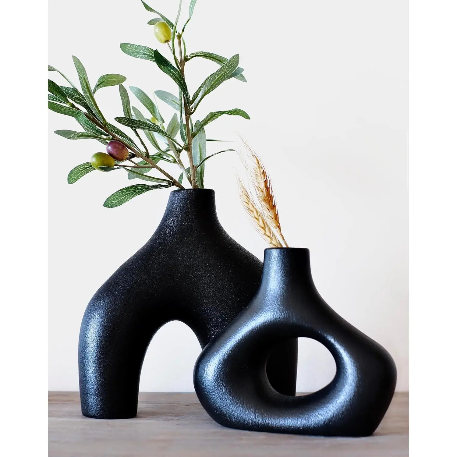Black Ceramic Modern Vase Set of 2, Donut Shelf Decor, Black | Pair for bookshelf and bookcase decor, mantel styling, or  staging. Holds dried stems and faux  indoor.