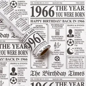 60th  Birthday Newspaper Wrapping Paper Roll, Mini Roll,  1966 The Year You Were Born Retro Newspaper White   Wrap for Adult Milestone Birthday, 17 Inches x 16.4