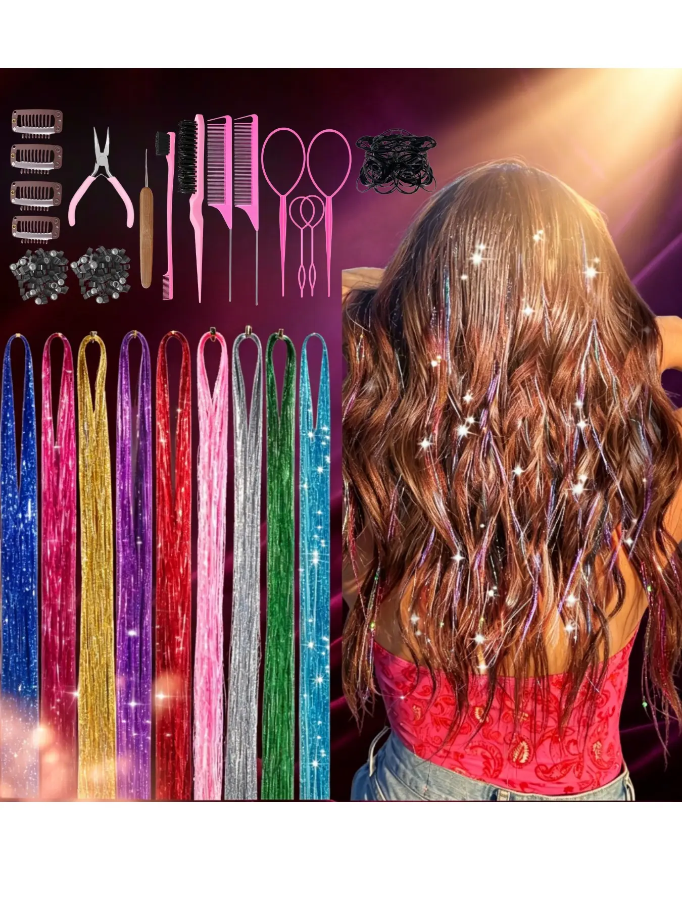 Unisex Hair Tinsel Kit 9 Colors Fairy Hair Glitter Extensions Sparkle Shiny Strands for Men Women Boys Girls Kids Halloween Christmas Festival Concert Rave Party Birthday Prom Cosplay Hair Accessories with Full Tool Kit