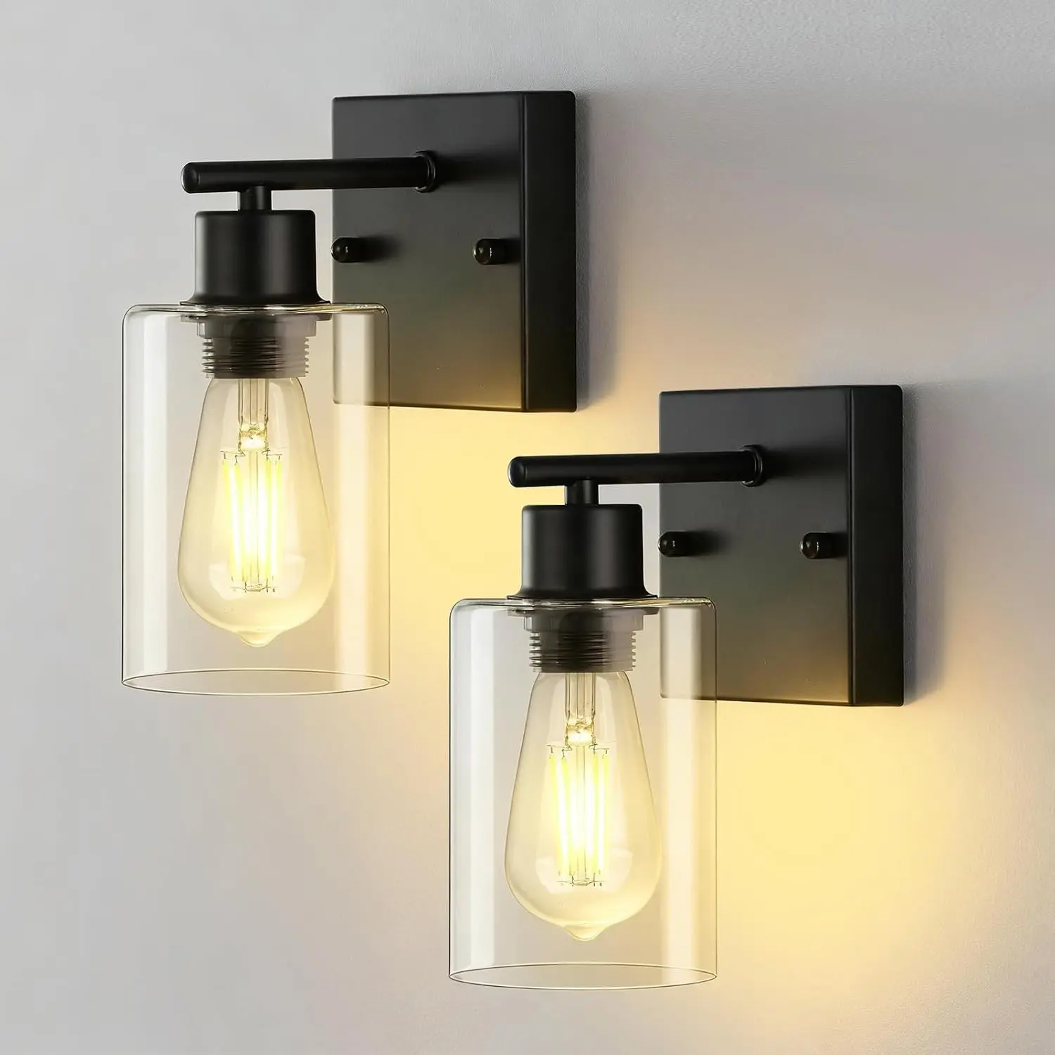 2-Pack Wall Sconces for Bathroom Matte Black Vanity Lights Modern Wall Light Fixture with Clear Glass Shade Farmhouse Wall-Mount Lanterns for Mirror Living Room Bedroom Hallway