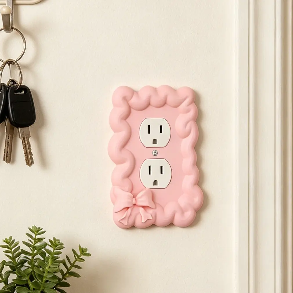 1PC Pink Wavy Bow Light Switch Outlet Cover, Cute Cream Style Ruffled Bow Wall Plate Decor, US Standard Socket Protector, Sweet Aesthetic Home Decor for Bedroom Living Room