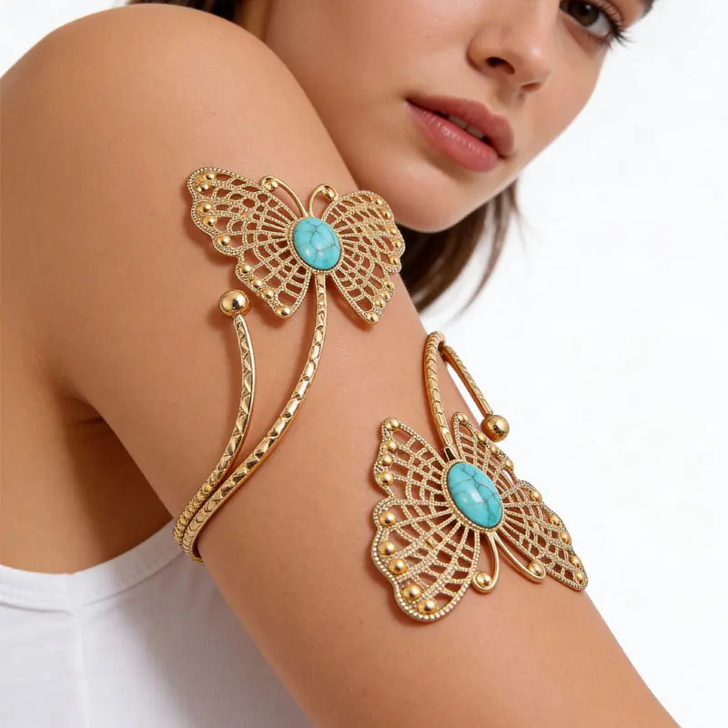 Women's Turquoise Butterfly Upper Arm Cuff - Adjustable Gold Filigree Wrap Armlet, Boho Statement Body Jewelry For Summer Music Festival, Beach Vacation & Resort Outfit