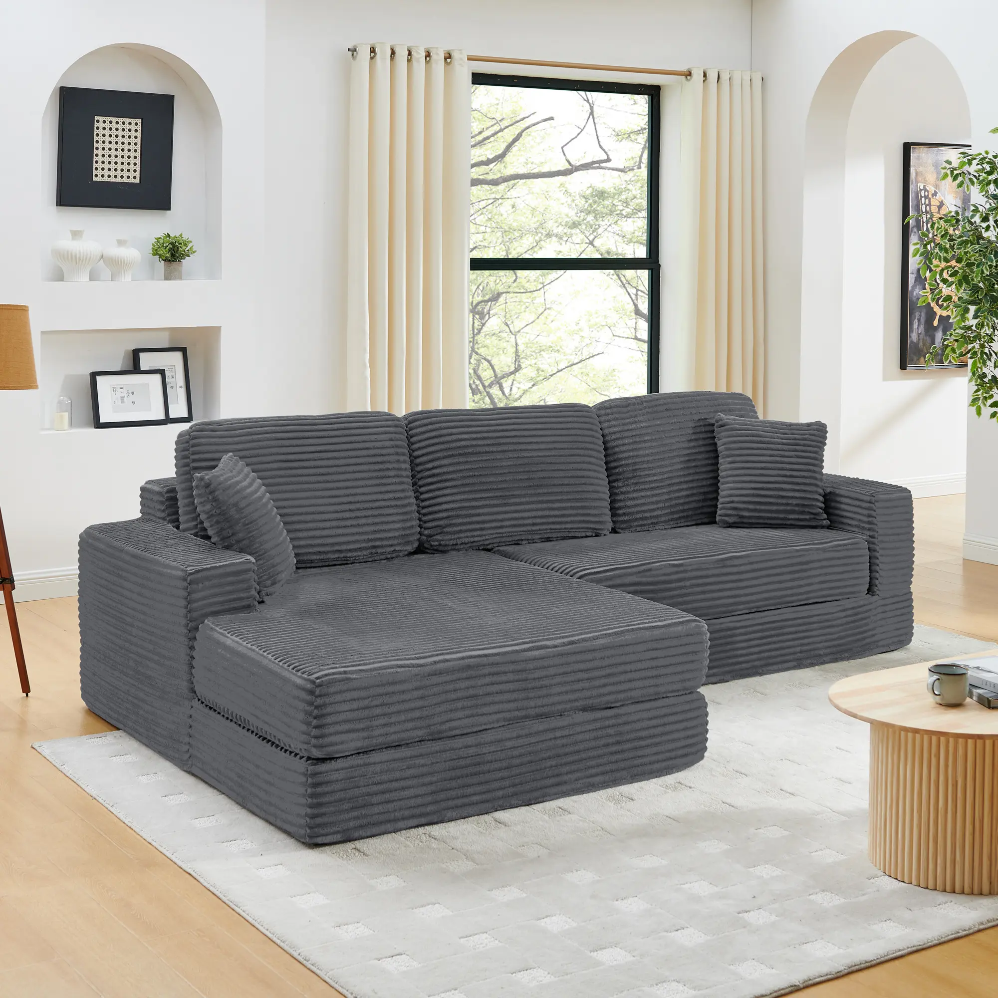 ARCH Modular Sectional Sofa L-Shape Couch 5 Seat Gray Corduroy Fabric Foam Convertible Sleeper Bed Living Room Apartment Bedroom Space-Saving Compressed Sofa Set No Assembly Required, Gray Color Options, Foam Material, 5 Seat Seat Count