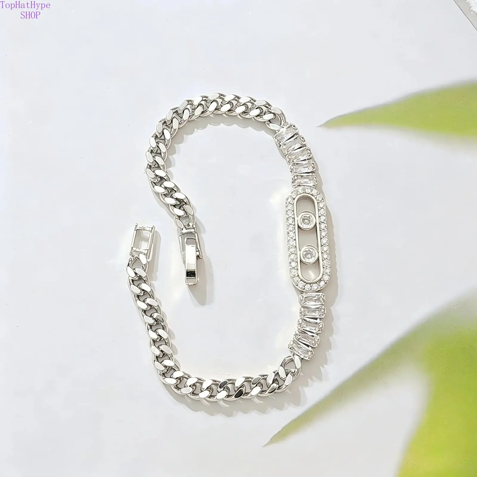 925 Sterling Silver Cuban Link Bracelet for Women, Paved Baguette Round Cubic Zirconia Paperclip Pendant Chunky Curb Chain Bracelet, Adjustable Fashion Jewelry Gift for Party Daily Wear