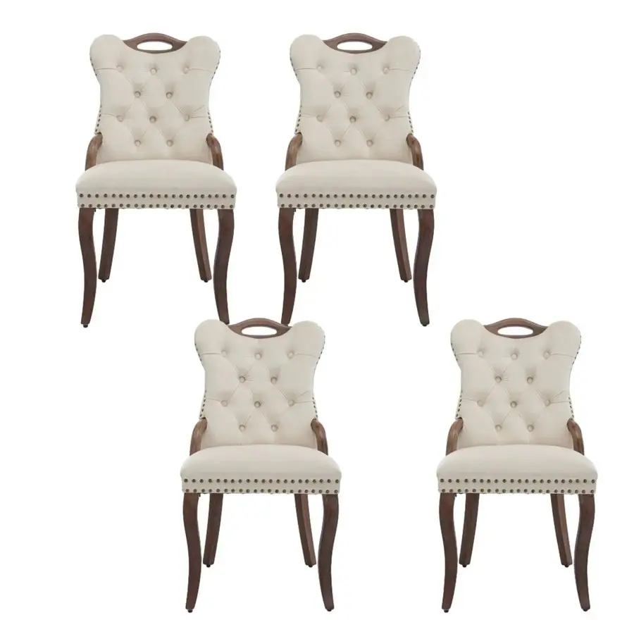 Vintage Velvet & Wood Dining Chairs (Set of 4) - Handmade Tufted Trim, Solid Side Arms & Top Handles, Copper Nail Decoration, Curved Legs, Elegant Design
