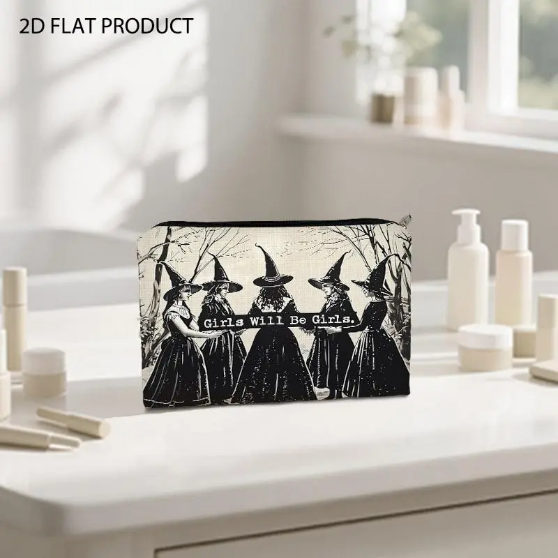 Vintage Monochrome Retro Witch Print Cosmetic Bag, 5.9*8.66inch Portable Toiletry Pouch in Colorful Style, Printed with Old-Fashioned Witch Characters Holding "Girls Will Be Girls" Sign, Ideal for Travel & Daily Makeup Storage