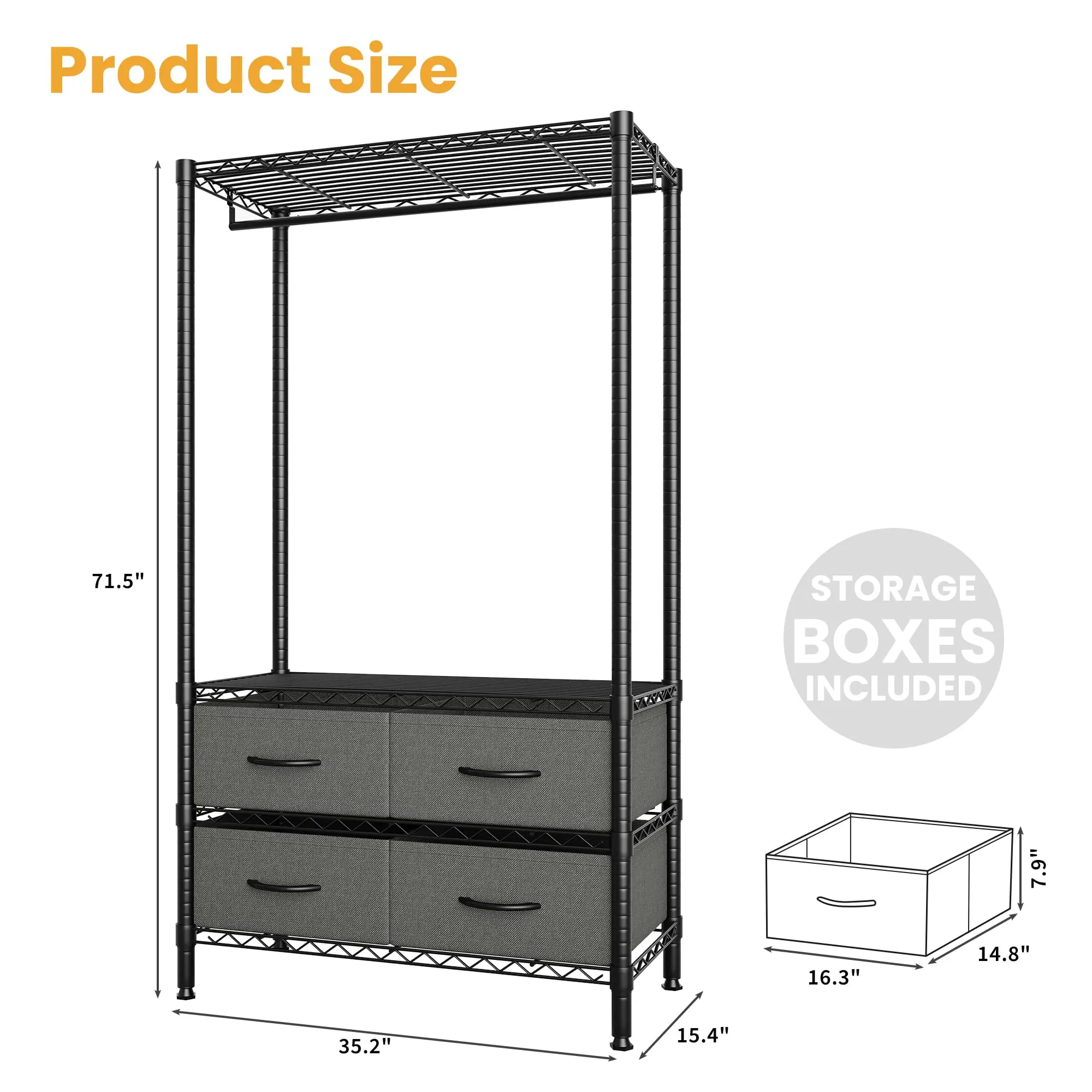 Sturdy Freestanding Metal Clothes Wardrobe | 4 Soft Fabric Drawers & Custom‑Fit Adjustable Shelves Heavy‑Duty Portable Garment Storage Closet with Hanging Rod, Supports 682 Lbs, Ideal for Bedroom, Entryway & Basement, Black