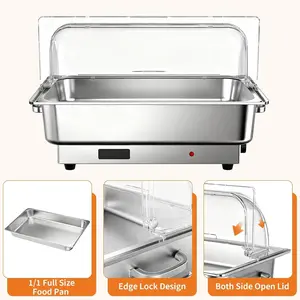 Electric Chafing Dish Buffet Set, 9 QT Stainless Steel Catering Food Warmer with Transparent Roll Top Lid, 400W Commercial Buffet Server with 2 Half Size & Full Pans, Adjustable Temperature Control for Wedding Holiday Party