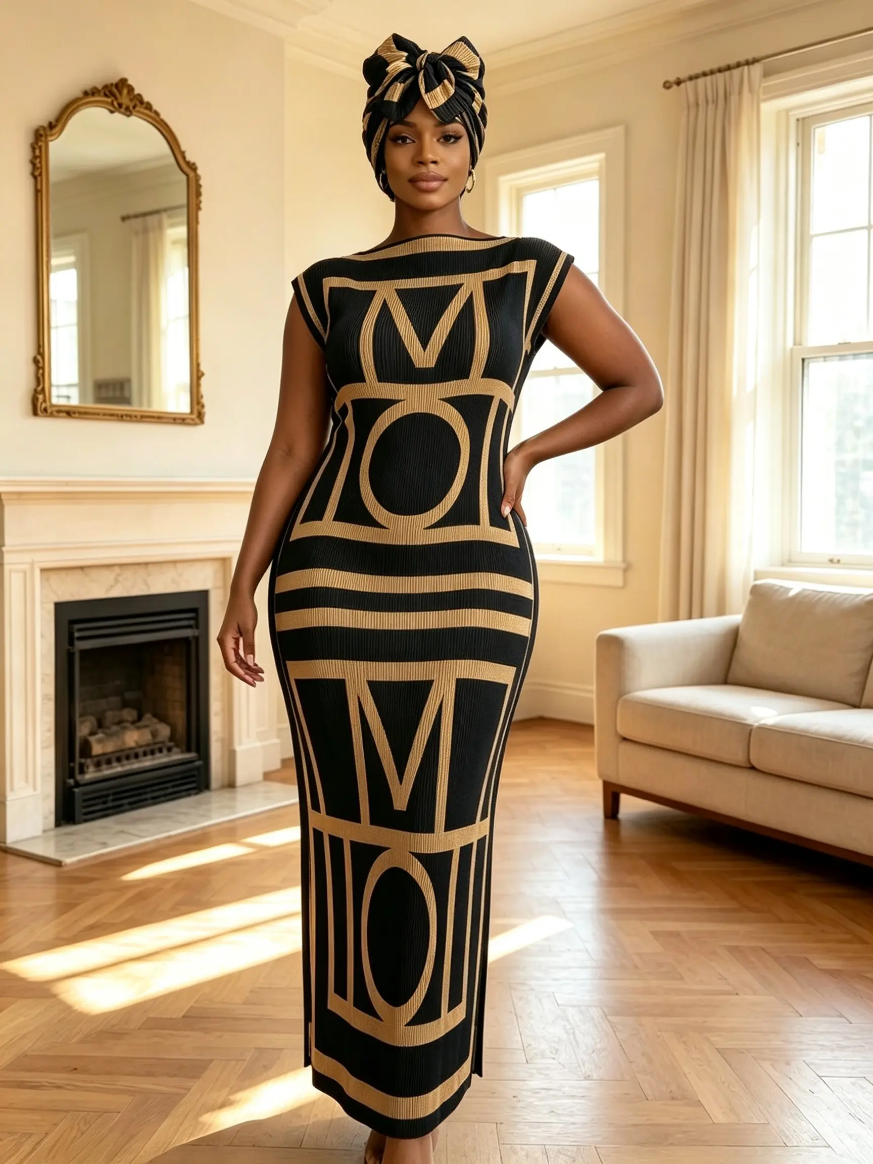 Plus Size Women 2 Piece Pleated Satin Caftan Set, Black Gold Geometric Letter Print Side Slit Long Robe with Matching Scarf, Curvy Elegant Loungewear for Home Beach Vacation