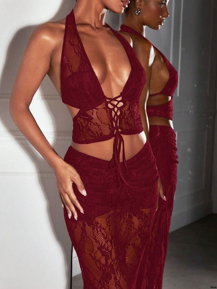 SexyWomenPartyAfternoonTeaOutfit ElegantLaceLongBeachDress tiktokBAEBlackSheerLaceHalterCriss - CrossBandageCorsetTop LowRiseLaceSkirt Music ConcertFestivalOutfit