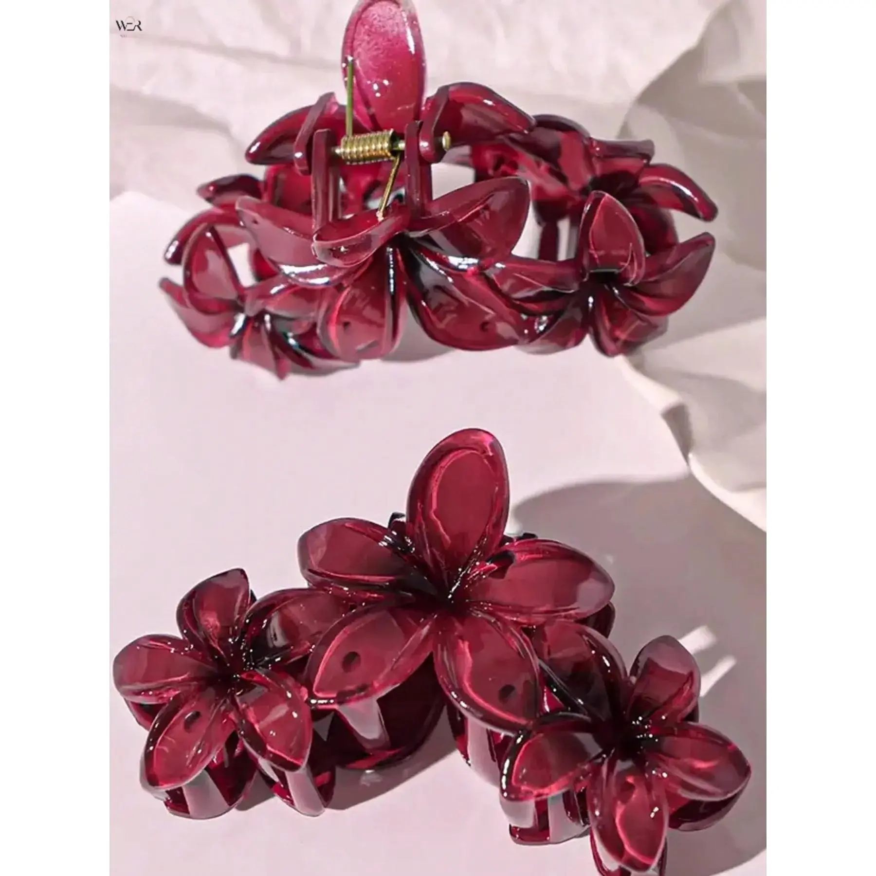 Women's Large Glossy Acrylic Plumeria Floral Hair Claw Clip, 3-Piece Jaw Barrettes (2 Colors: White, Wine Red) for Summer Vacation Beach Half Up Bun Decorative Hair Accessory Gift