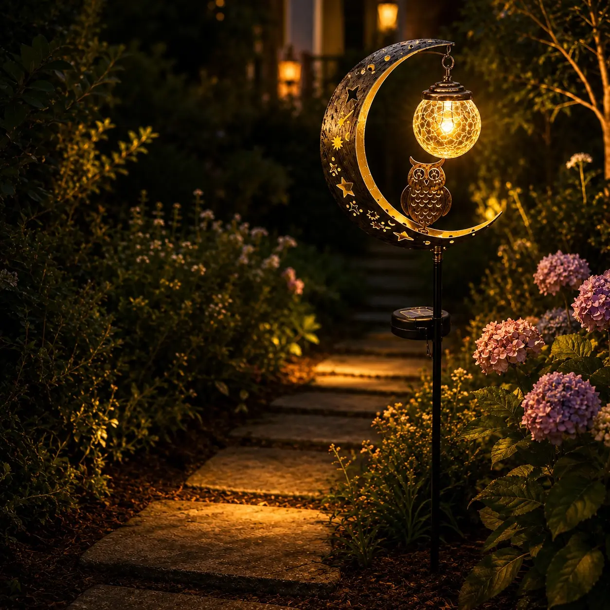 1Pcs Solar Ground Stake Light, Hollow Iron Owl Moon Design, Includes Broken Glass Ball, Outdoor Garden Yard Pathway Decoration, Garden Decorative Lighting, Decorative Solar Lights, Waterproof Garden Light