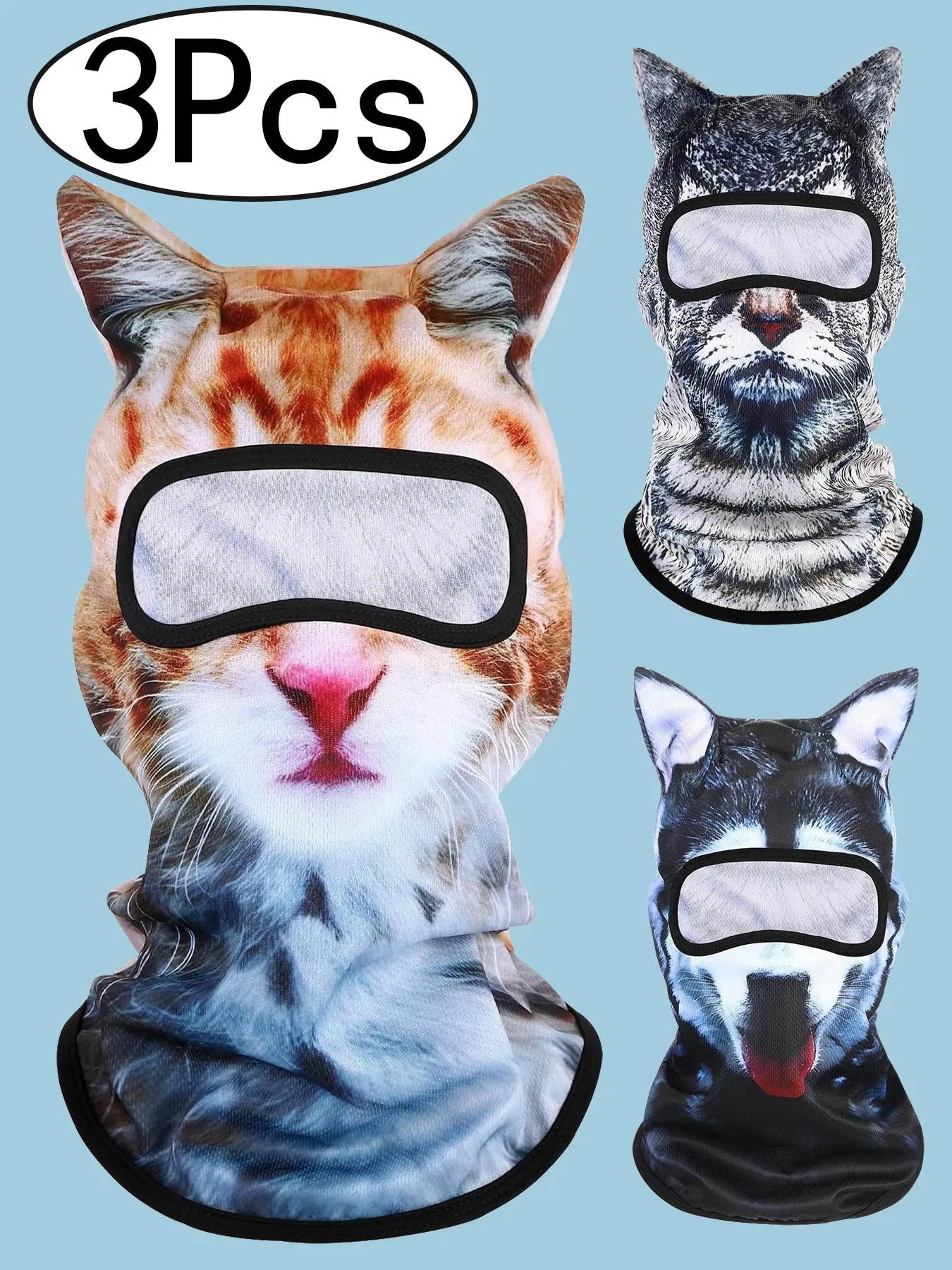 3Pcs Cat Balaclava,Dog Balaclava,Halloween Hat,Cute Full Face Hood Mask Animal Ski Mask for Hiking Riding Sports Outdoor，3D Stand Ears Animal Balaclava Face Mask for Music Festivals, Raves,  Halloween, Party Outdoor Activities