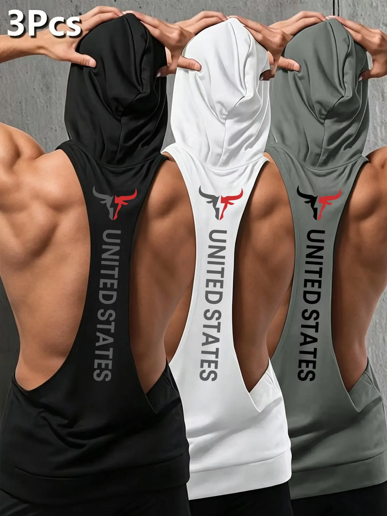 Three-Piece American Theme Bull Print Hooded Workout Tank Tops, Loose-Fitting Elastic Sport Shirts, Men's Gym Training Apparel, Casual Gym Vests, Activewear Clothes, Athletic Fitness Clothes