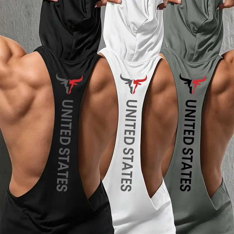 Three-Piece American Style Bull Head Print Hooded Tank Tops, Loose-Fitting Sleeveless Sports Tops for Workout & Gym, Activewear Fitness Workout, Stretchy Fabric, Men's Training Apparel, Casual Vests