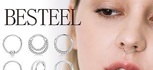 Besteel 12Pcs Septum Rings 16G Daith Earrings Nose Rings Hoop Stainless Steel CZ Opal Cartilage Helix Tragus Earrings Septum Clicker Piercing Jewelry Silver Black Rose Gold Butterfly Beautiful