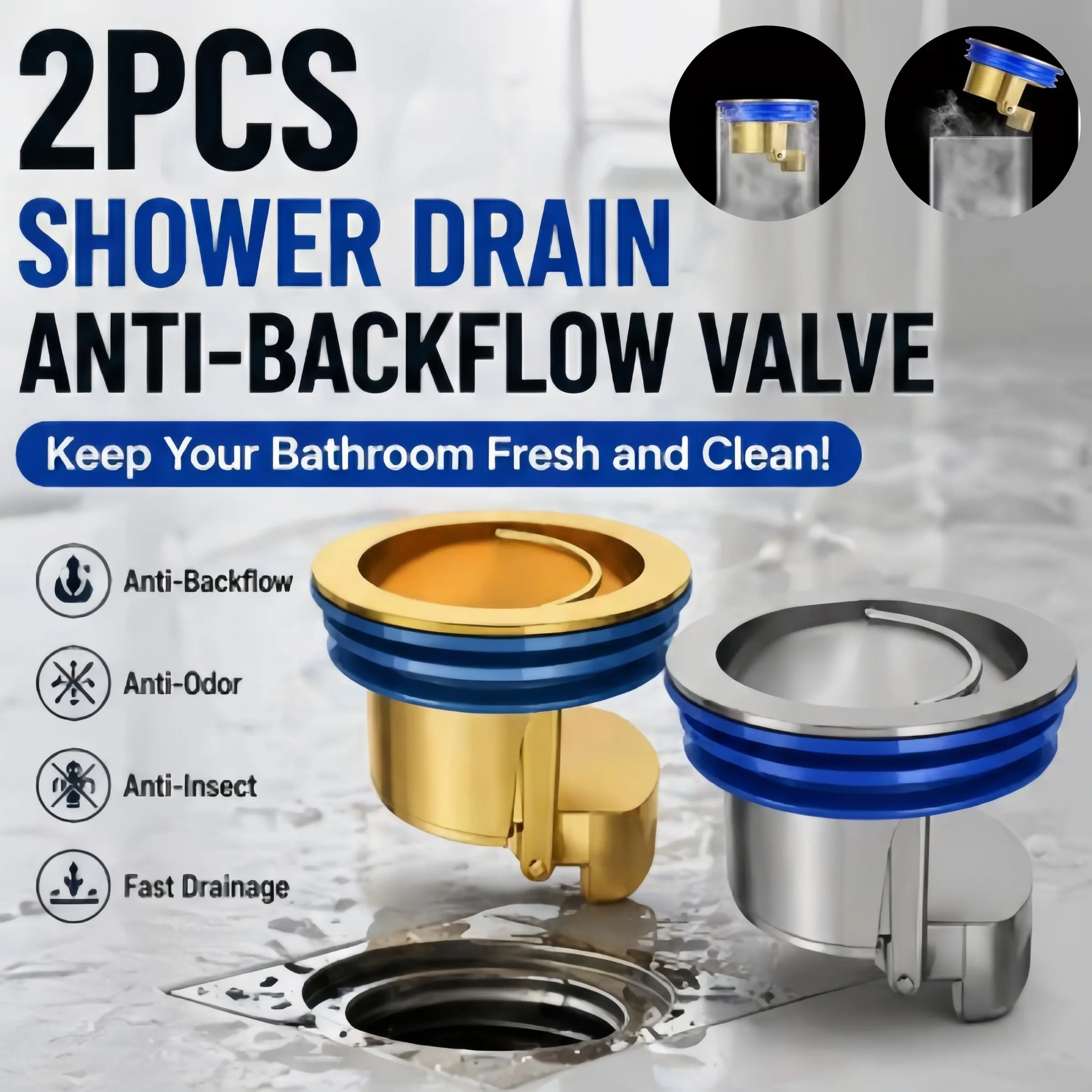 2-Pack Shower Floor Drain Backflow Preventer, Magnetic Levitation One-Way Drain Valve, Brass Drain Core, Anti-Odor, Anti-Insect & Anti-Backflow Design, Fast Drainage & Clog-Resistant, Bathroom Drain Filter, Modern Bathroom Accessory, Fits 1.25-1.65 Inches