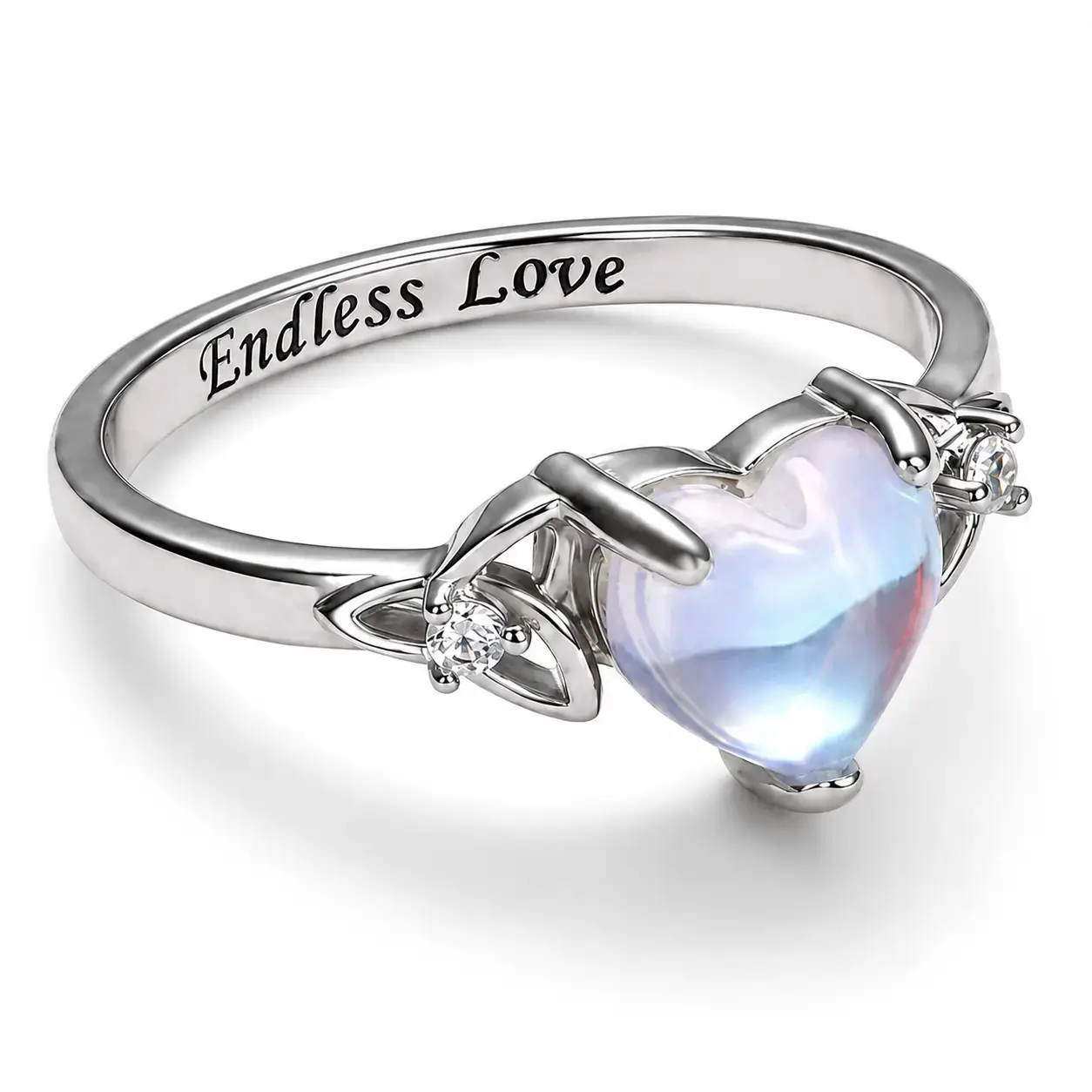 925 Heart Synthetic Moonstone Celtic Ring with 'Endless Love' Engraving, Elegant and Romantic Moon Knot Ring Women's Jewelry for Lover, Perfect Gift for Girls, Engagement Wedding Ring, for Daily Wear and Party, Christmas Gift