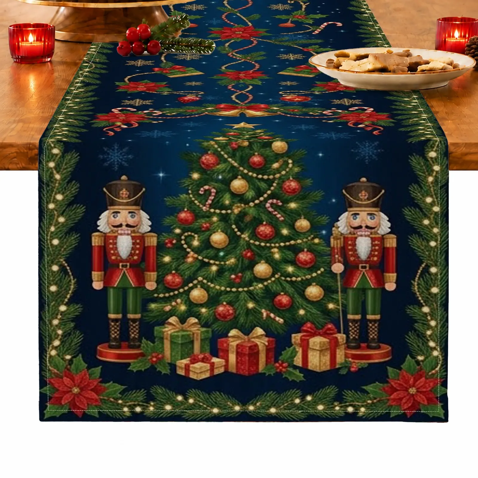 1pc Christmas Tree Nutcracker Holly & Gift Box Table Runner, Versatile Vintage Christmas Style, for Dining Table, Kitchen, Dining Room & Home Decor, Christmas Table Decoration and Festive Home Decor
