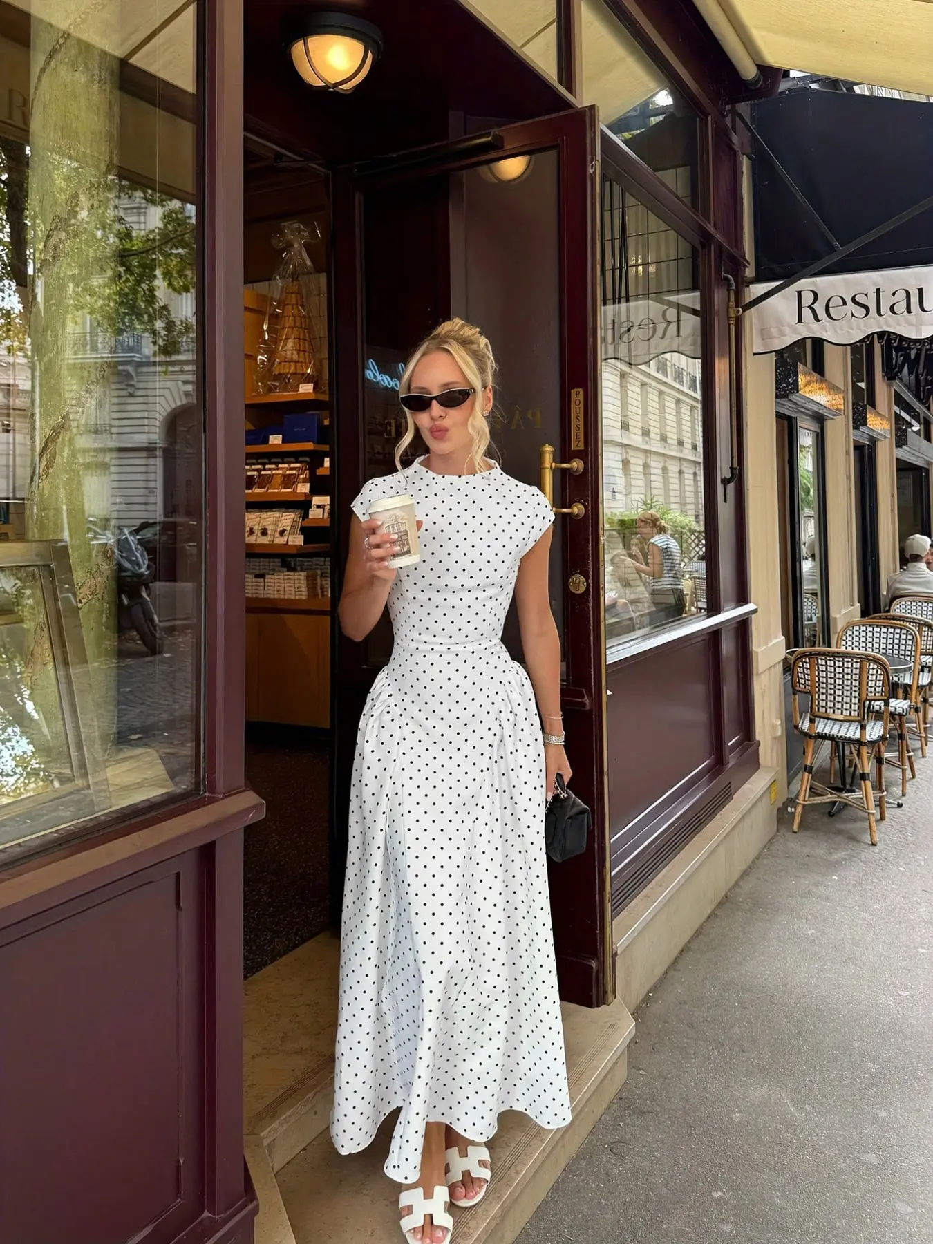 Elegant French Style Summer Beach Dress for Women, Polka Dot Waist Ruched Design, Long Sleeve Maxi Dress, Perfect for Daily Wear