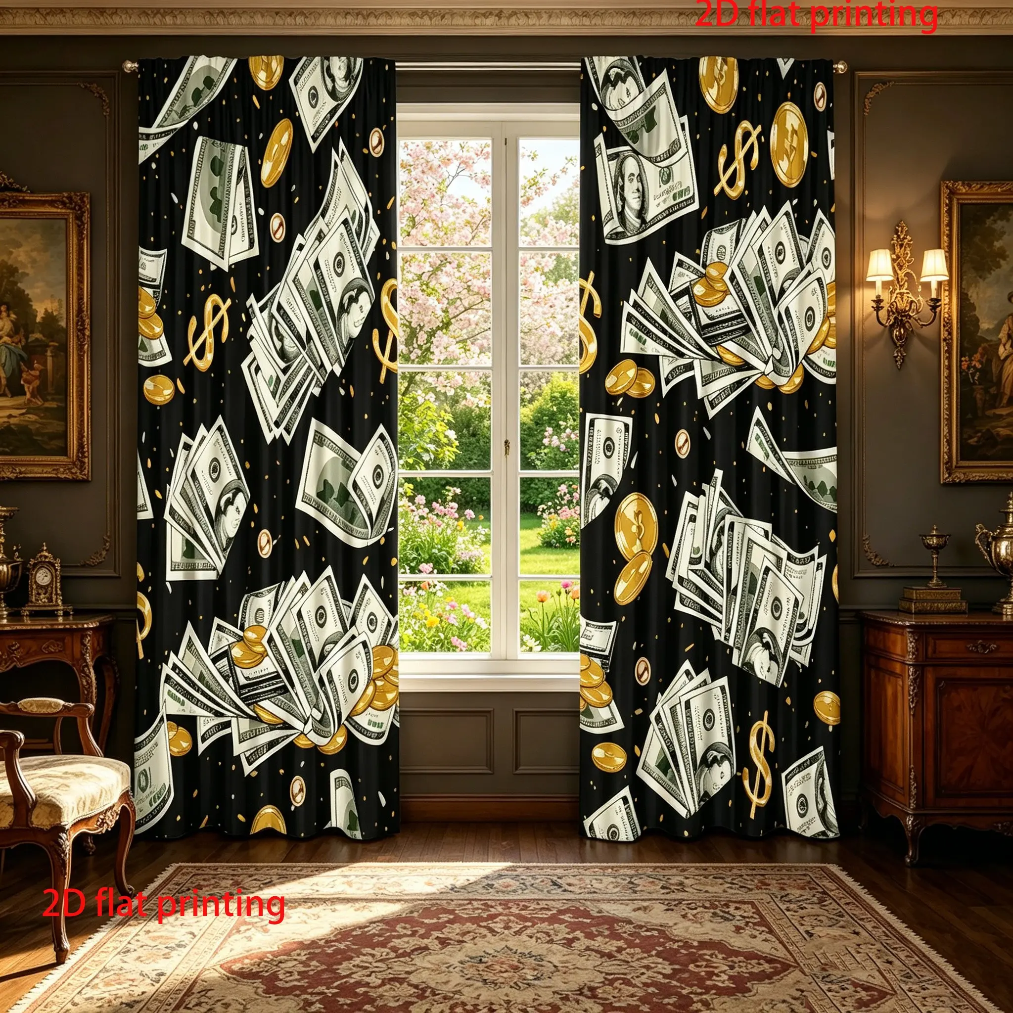 2 pieces of digital printed curtains with US dollars and gold coins, a wealth inducing curtain, machine washable, semi blackout, very suitable for home decoration, Home Decorative Curtain