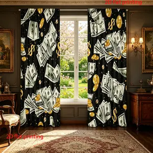 2 pieces of digital printed curtains with US dollars and gold coins, a wealth inducing curtain, machine washable, semi blackout, very suitable for home decoration, Home Decorative Curtain