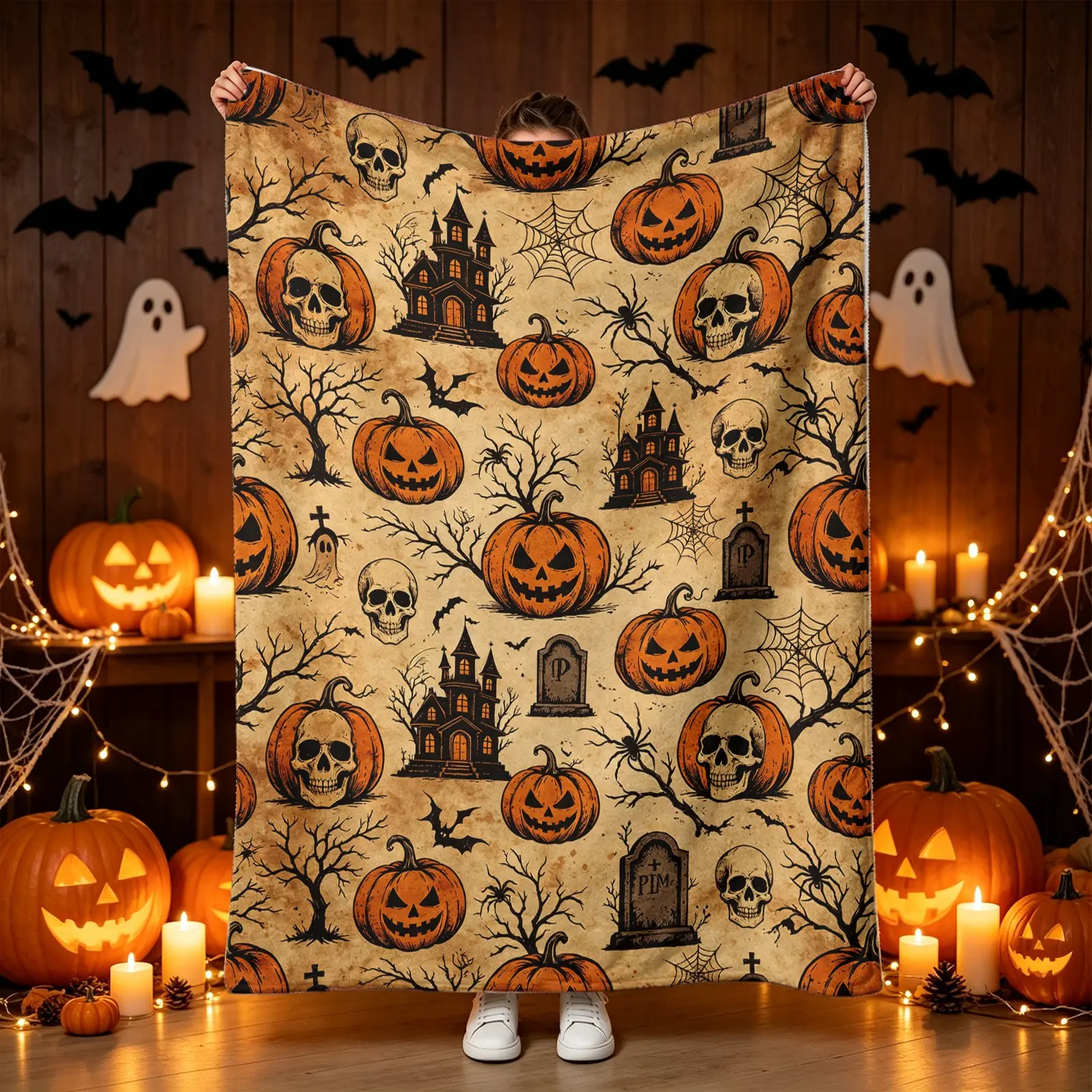 Vintage Haunted House Halloween Flannel Blanket, Soft Skin-Friendly Warm Sofa Cover, Nap Blanket, Holiday Gift, Cozy and Comfortable