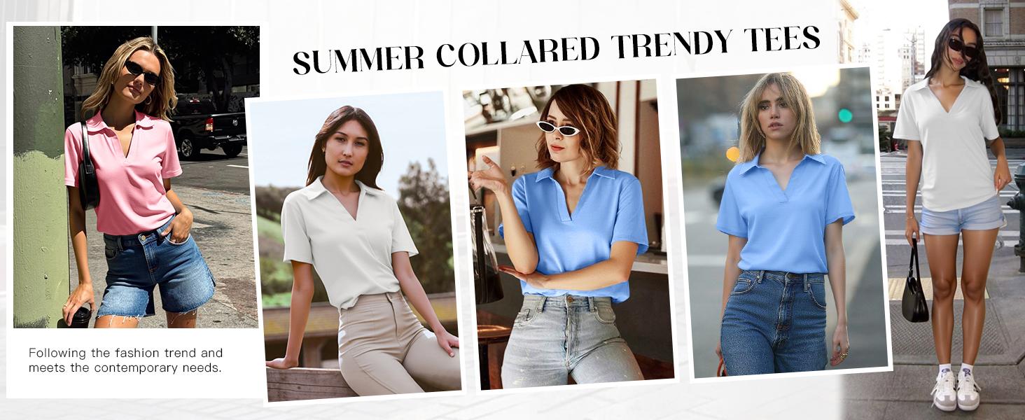 Aoysky Women's Short-Sleeve Fitted Minimalist Lightweight Polyester V-Neck Collared Polo Shirts - Business, Dressy Casual Summer Tops