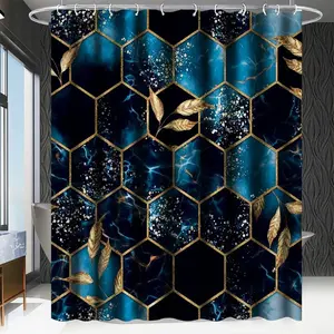 1/4 pcs sky blue honeycomb marble pattern shower curtain set, Decorative shower curtain, non-slip floor mat, U-shaped carpet, toilet lid cover, for bathroom decoration accessories, partition, free 12 shower curtain hooks