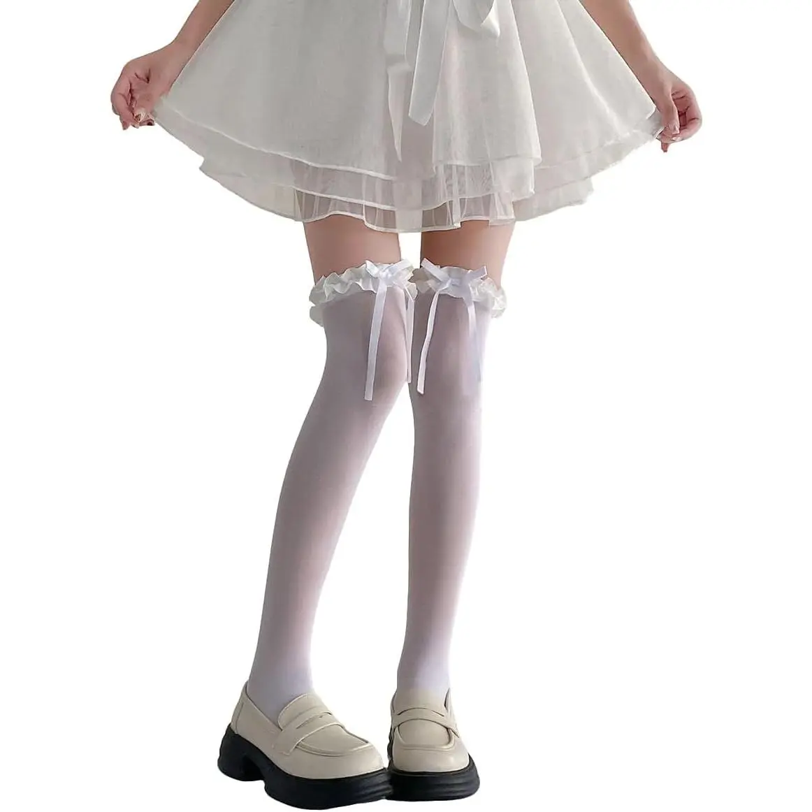 Women's Lolita Thigh High Stockings Ruffle Coquette Bow Over The Knee Socks