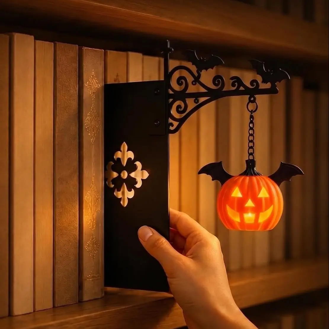 Book Shelf Light-Library Lantern mini Bookshelf lamp, Mini Bookshelf Lamp Slides Between Books for Hidden Display, Warm Amber LED Lights for Book Nook, Shelf Decor Gift for Book Lovers, Spooky