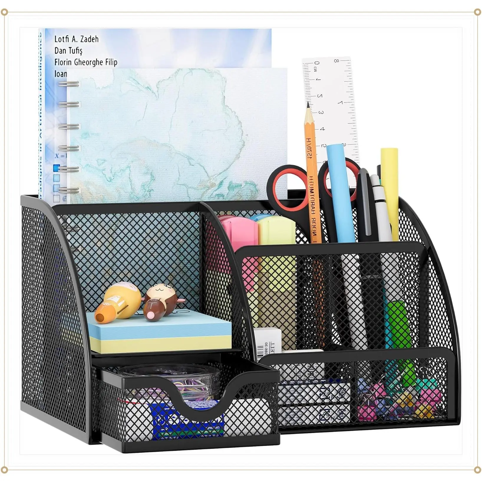 Mesh Desk Organizer with Drawer, 6 Compartment Multi-Functional Pen Holder for Office School Supplies, Dorm Storage, BlackGift