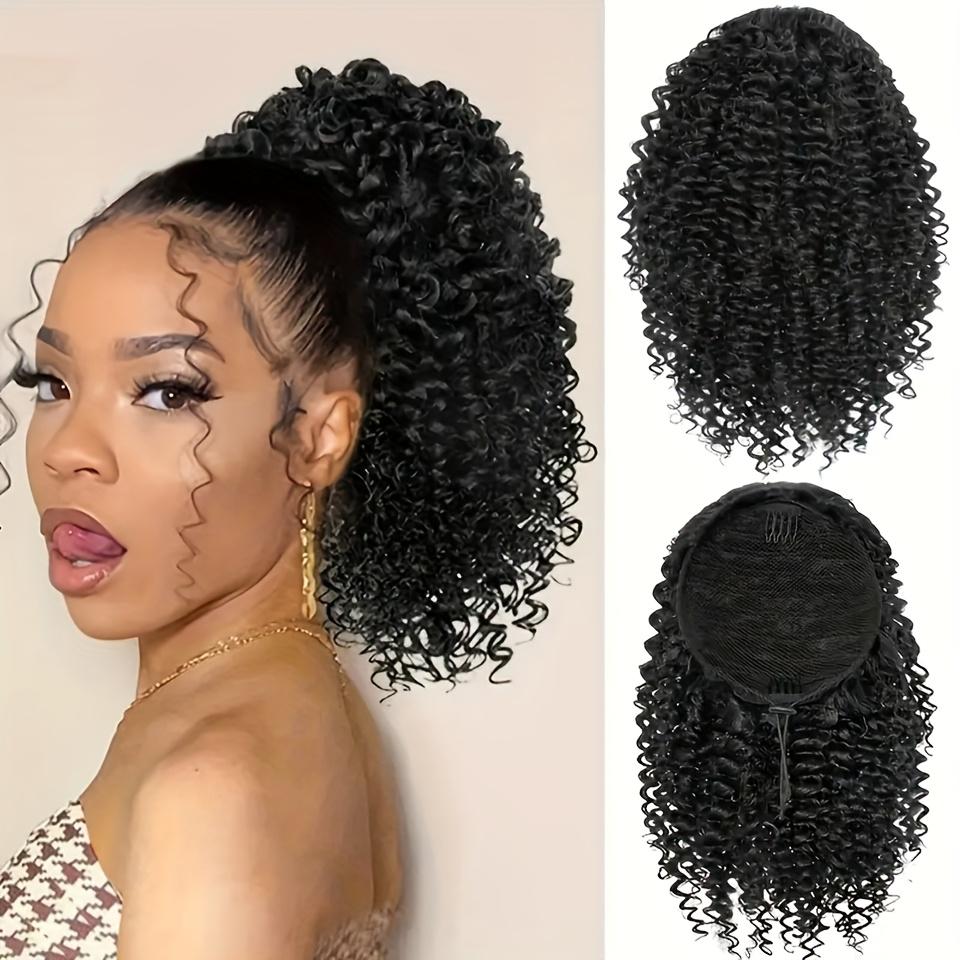 Women's 10-Inch Short Curly Ponytail Wig with Double Clip and Drawstring, Synthetic African Curly Ponytail Wig