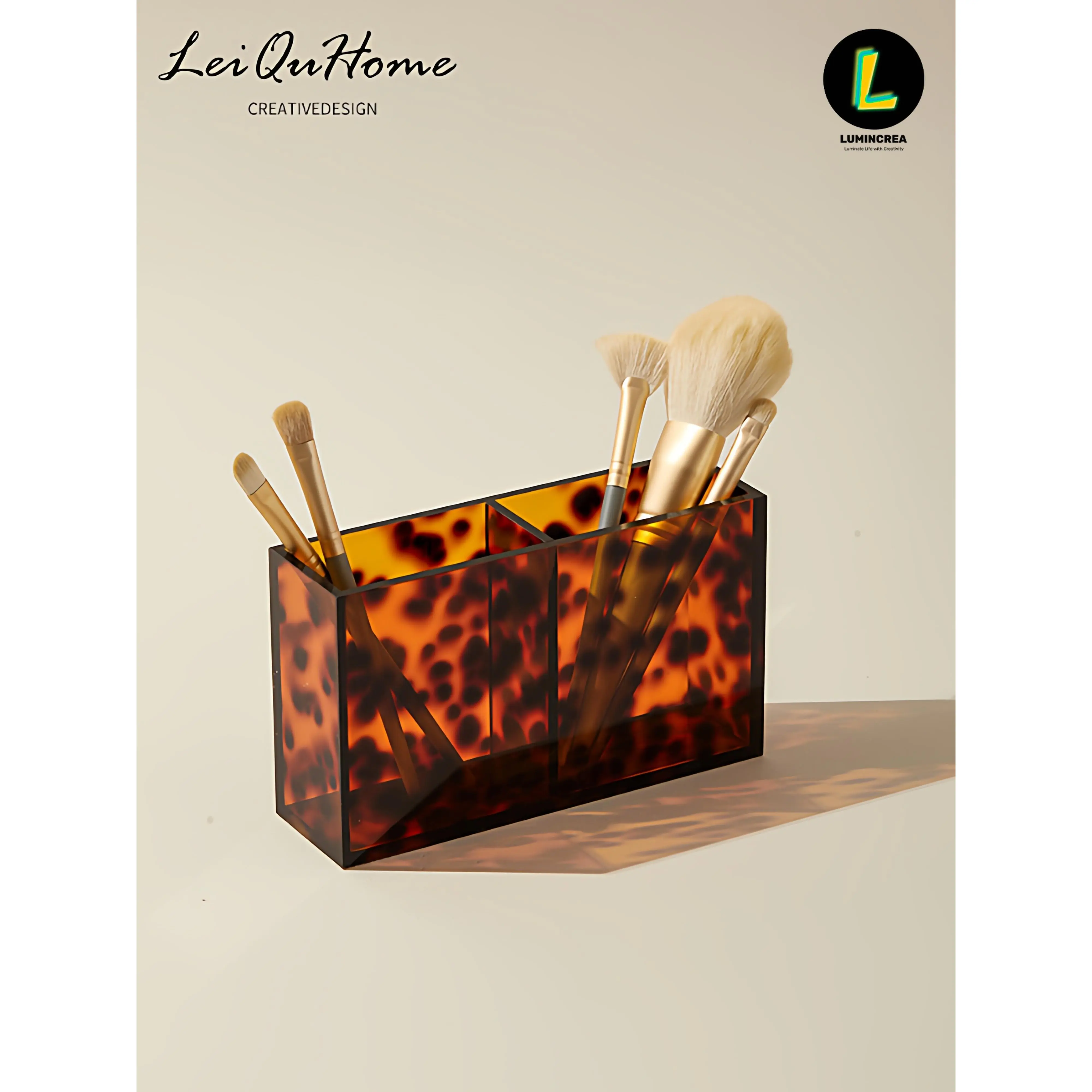 Tortoiseshell Acrylic 2-Grid Makeup Brush Holder Retro Amber Leopard Cosmetic Organizer Vanity Storage Cup