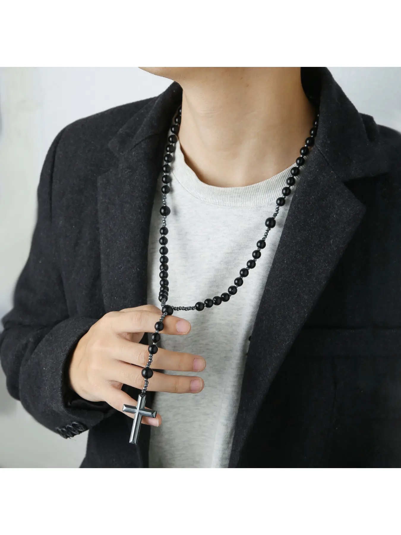 Grunge Gothic Rosary Cross Necklace, Black Onyx Beaded Chain for Alt & Streetwear, Cross Pendant Necklace