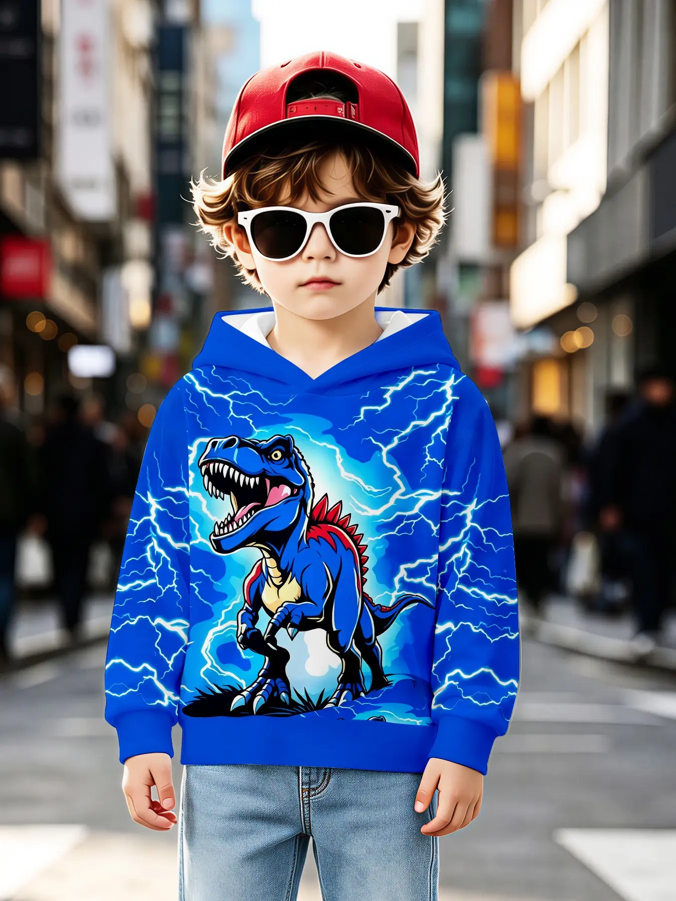 Boys' Blue Lightning Tyrannosaurus Rex Hoodie, Cool Dinosaur Long Sleeve Sweatshirt, Casual Loose-Fit Fall & Winter Outer Vest