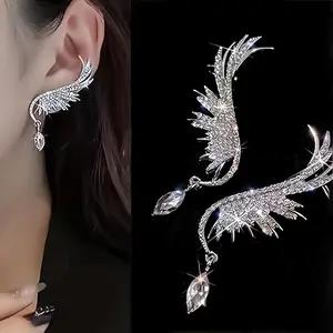 2pcs Elegant And Luxurious Shining Angel Wings Water Drop Fairy Ear Clip Women'S Clip-On Earrings Bride Wedding Earrings, Suitable for Women'S Daily Wear Party Banquet Party Wear, for Women'S Wedding, Birthday, Valentine'S Day Gifts