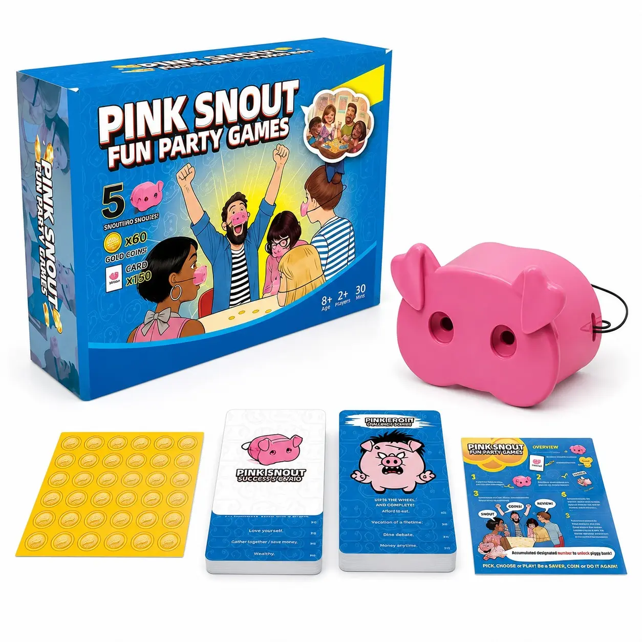 Funny Pig Nose Party Game, Family Fun Board Game for Adults and Kids, Includes 150 Challenge Cards and 5 Pig Nose Props, Perfect for Birthday Parties