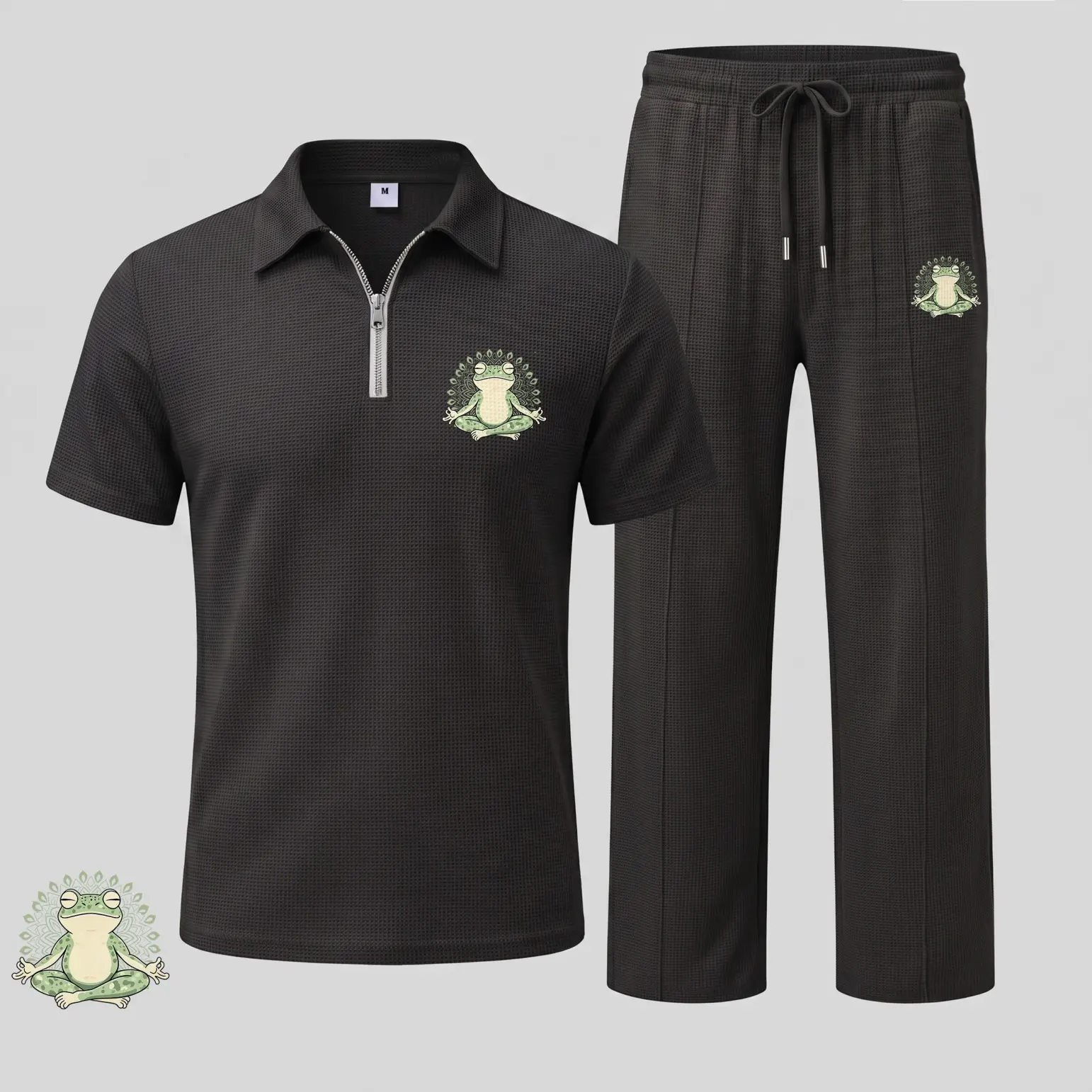 Men’s Meditating Frog Graphic Waffle Knit Polo Shirt and Pants Set, Short Sleeve Zip Collar Polo Top with Matching Drawstring Trousers, Casual Two Piece Outfit, Lightweight Comfortable Streetwear Set for Daily Wear, Travel and Summer Fashion