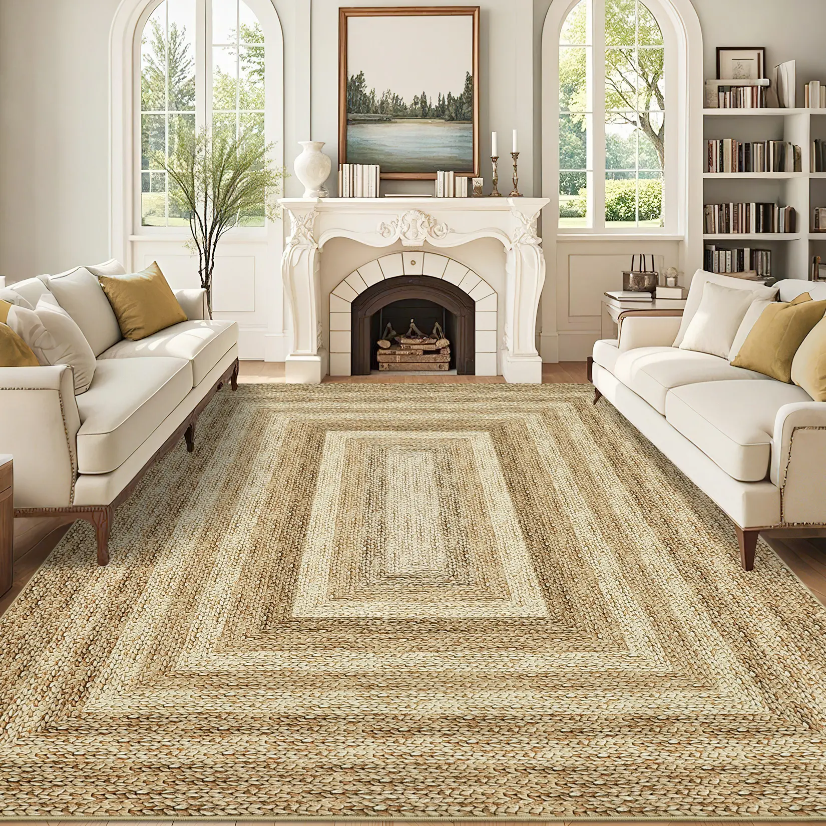 Modern Farmhouse Washable Braided Area Rug - Low Pile, Collapsible, Non-Slip Backing, Braided Print, Printed Edge - Multi-Size Accent Carpet for Living Rooms, Bedrooms - Ideal for Area Rug Cleaning