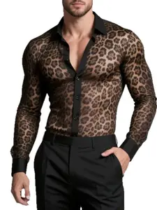 Men's Breathable Long Sleeve Transparent Fashion Print Party Mesh Shirt, European and American Style, Trendy and Stylish