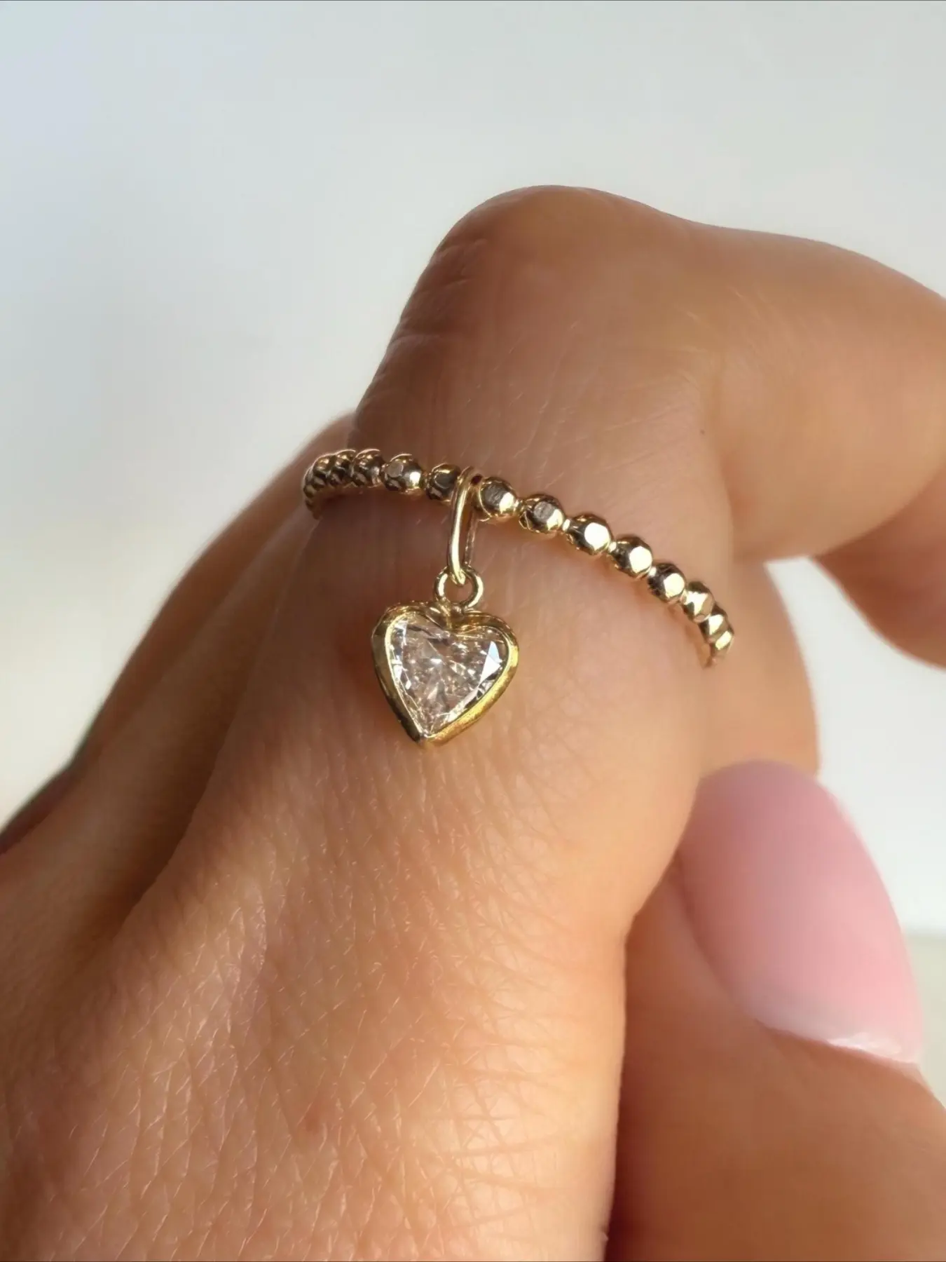 Twisted Beaded Dangle Heart Cubic Zirconia Thin Band Ring Gold  Sweet Stackable Finger Ring Romantic Daily Valentine Premium Gift for Her.