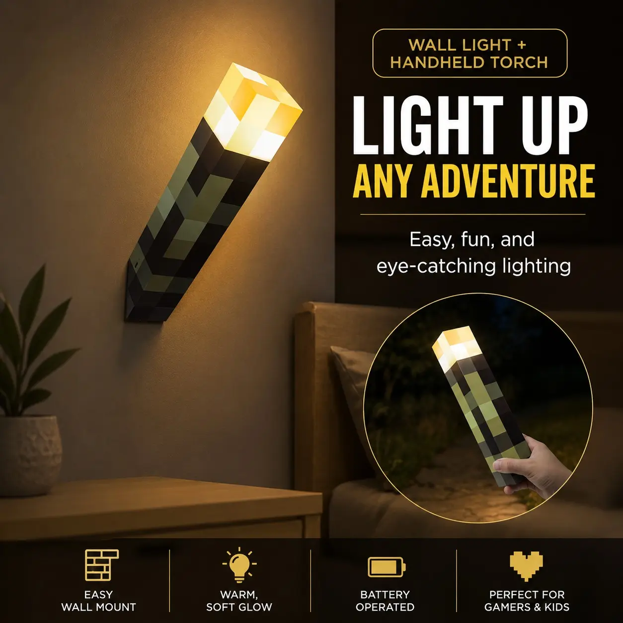 Pixel Torch Night Light, USB Rechargeable Wall Mount LED Lamp, Handheld Gaming Light for Bedroom, Game Room Decor & Gamer Gifts